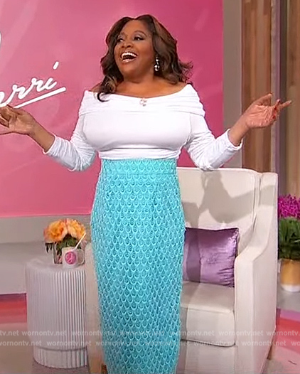 Sherri's blue lace midi skirt on Sherri