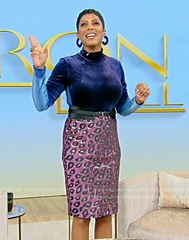 Tamron's blue velvet top and jacquard skirt on Tamron Hall Show
