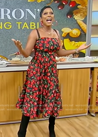 Tamron's cherry print sleeveless dress on Tamron Hall Show