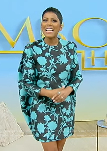 Tamron's black and blue floral print mini dress on Tamron Hall Show