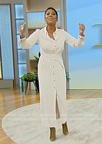 Tamron's white belted shirtdress on Tamron Hall Show