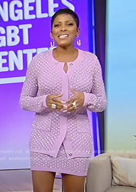 Tamron's purple embellished cardigan and skirt on Tamron Hall Show