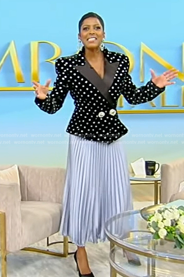 Tamron's black polka dot velvet blazer on Tamron Hall Show