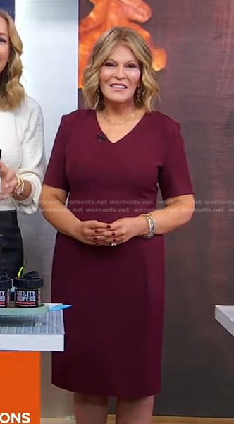 Tory's burgundy v-neck sheath dress on Good Morning America