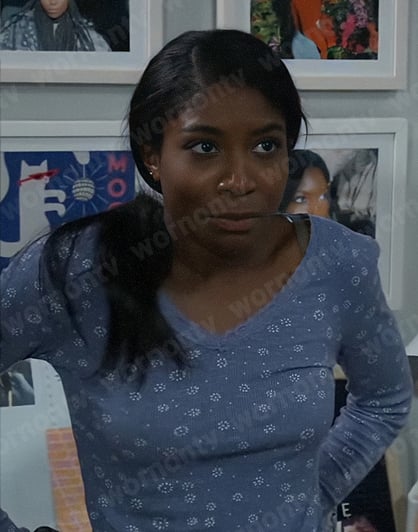 Trina's blue floral lace-trim pajama top on General Hospital