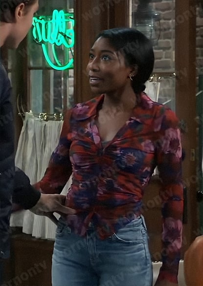Trina's floral ruched button front top on General Hospital