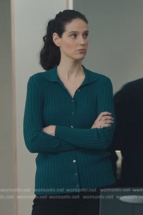 Rian's teal ribbed cardian on Billions
