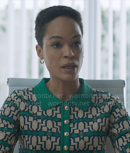 Virginia's green geometric metallic knit sweater on Elite