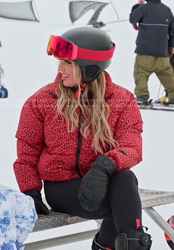 Whitney's red leopard puffer jacket on The Real Housewives of Salt Lake City