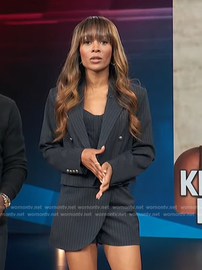 Zuri's navy pinstripe blazer and skirt on Access Hollywood