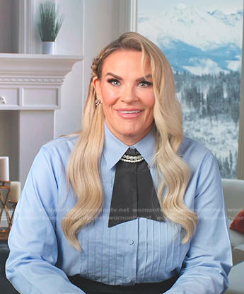 Heather's blue pleated confessional shirt on The Real Housewives of Salt Lake City