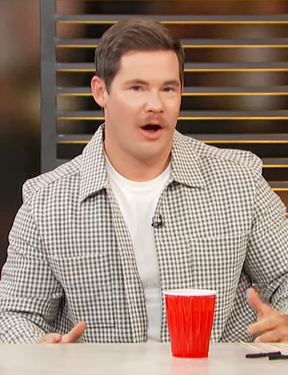 Adam Devine's check print jacket on Access Hollywood