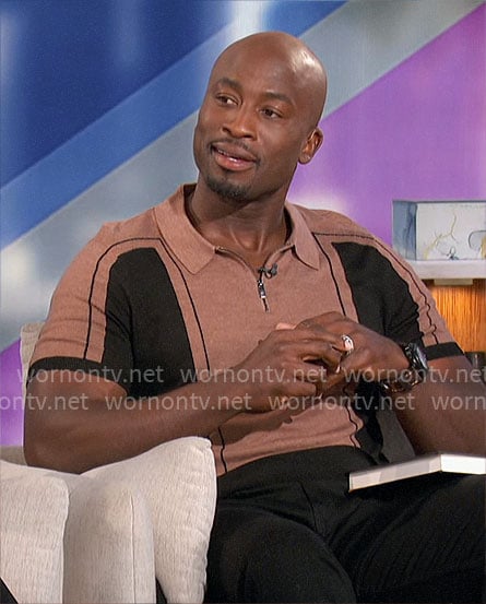 Akbar's brown and black colorblock polo shirt and black studded sneakers on The Talk