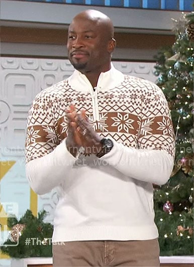 Akbar's white and brown fair isle sweater on The Talk
