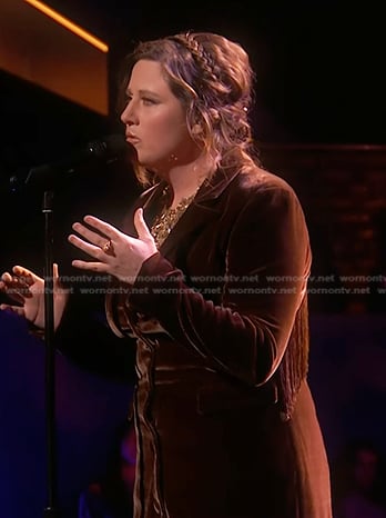 Alexa Wildish's brown fringed back blazer dress on The Voice