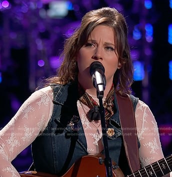 Alexa Wildish's white mesh top and sleeveless denim jumpsuit on The Voice
