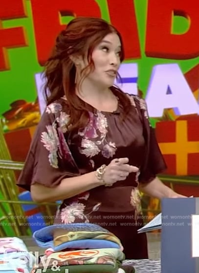 Amy Goodman's maroon floral print dress on Live with Kelly and Mark