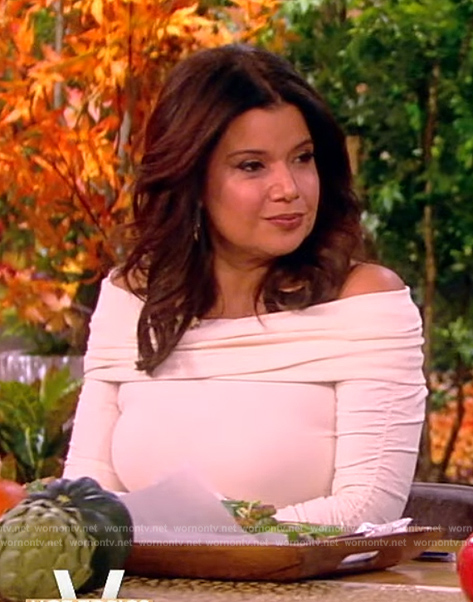 Ana's white off shoulder top and floral maxi skirt on The View