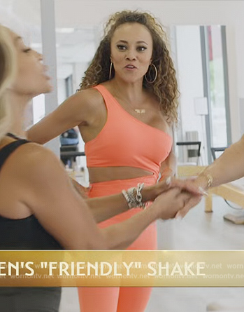 Ashley's orange strappy onesie on The Real Housewives of Potomac