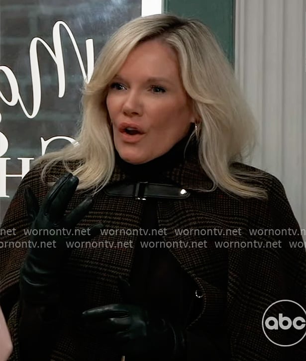 Ava's brown plaid buckled cape coat on General Hospital
