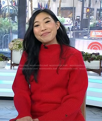 Awkwafina's red ribbed sweater and skirt on Today