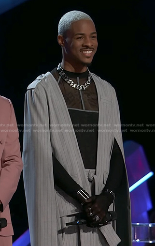 Brandon Montel's grey pinstripe slit sleeve jacket and pants on The Voice