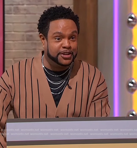 Jawn's beige stripe cardigan on Sherri