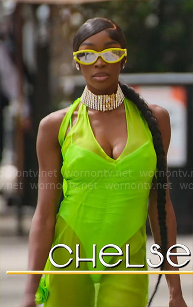 Chelsea's lime green mesh dress on Selling Sunset
