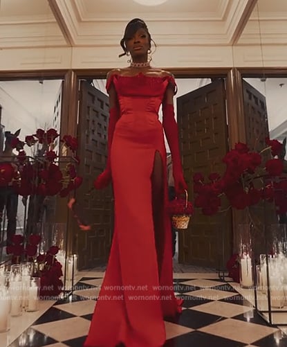 Chelsea's red off shoulder dress on Selling Sunset