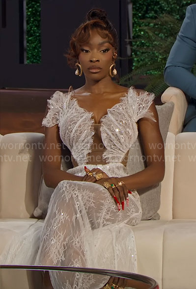 Chelsea's white lace reunion dress on Selling Sunset