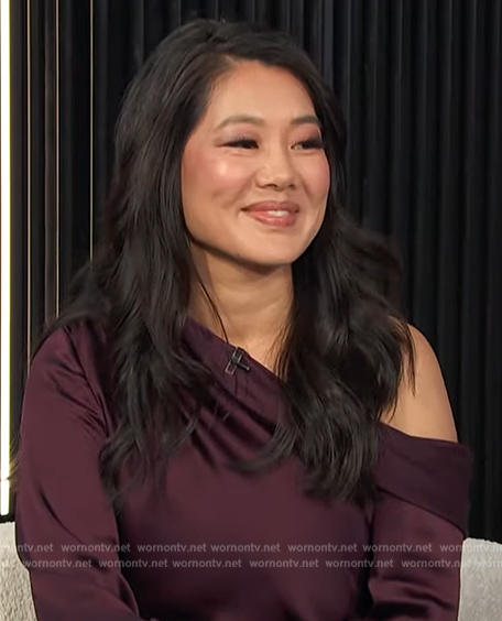 Crystal Kung Minkoff's burgundy off shoulder satin dress on E! News