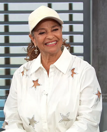 Debbie Allen's white star cutout blouse on Access Hollywood