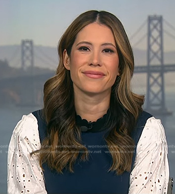 Deirdre's navy and white mixed media sweater on NBC News Daily