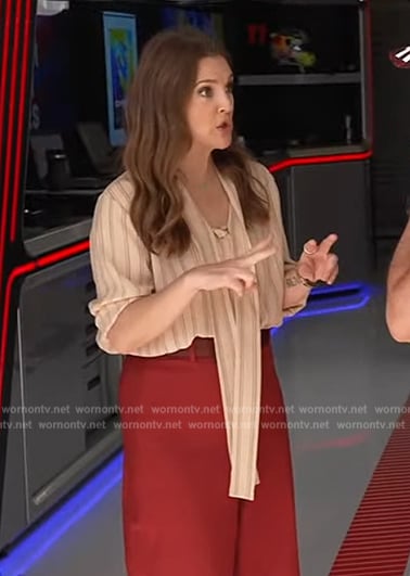Drew's tie neck stripe blouse on The Drew Barrymore Show