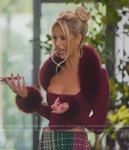 Emma's burgundy fur trim top and corset on Selling Sunset
