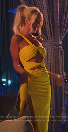 Emma's yellow cutout one shoulder dress on Selling Sunset