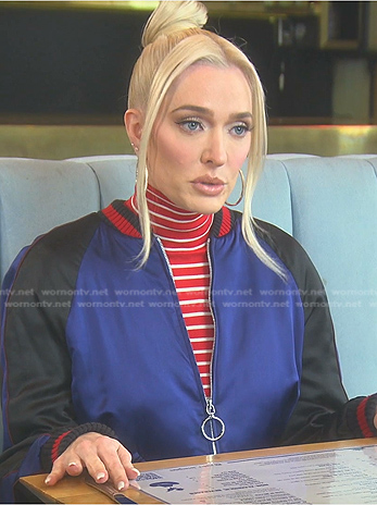 Erika's blue and black embellished bomber jacket on The Real Housewives of Beverly Hills