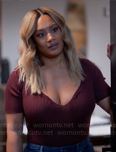 Fatima's burgundy rib knit top on Tyler Perrys Sistas