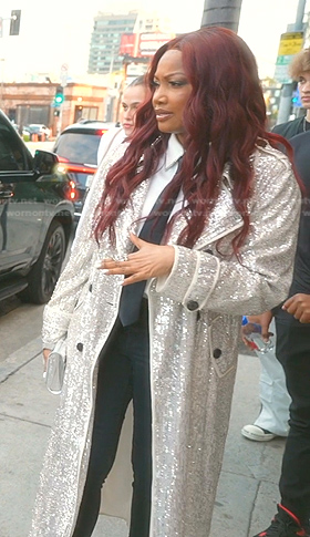 Garcelle's sequin trench coat on The Real Housewives of Beverly Hills