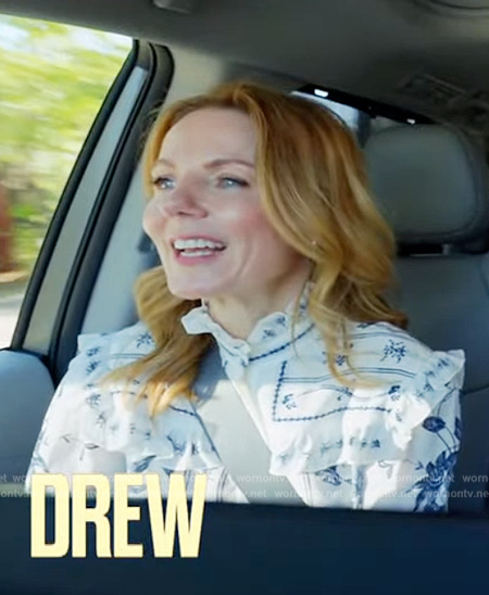 Geri Halliwell's white floral print top on The Drew Barrymore Show
