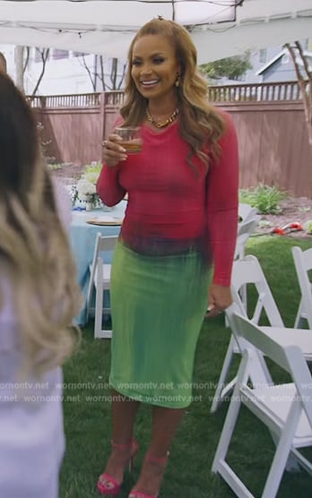 Gizelle's pink and green print sheath dress on The Real Housewives of Potomac