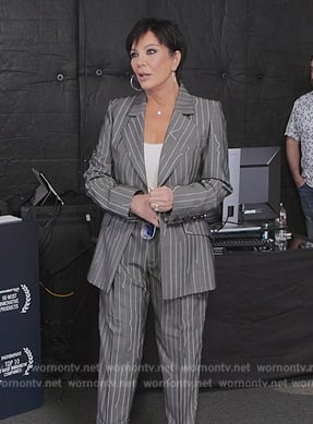 Kris's gray pinstripe blazer and pants on The Kardashians