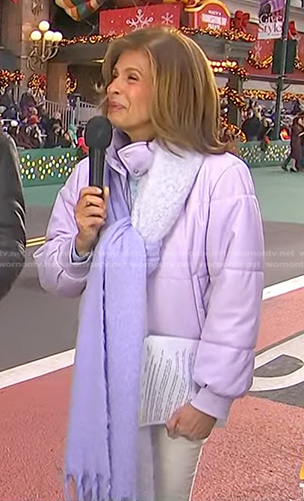 Hoda's lilac puffer jacket and knit scarf on Today