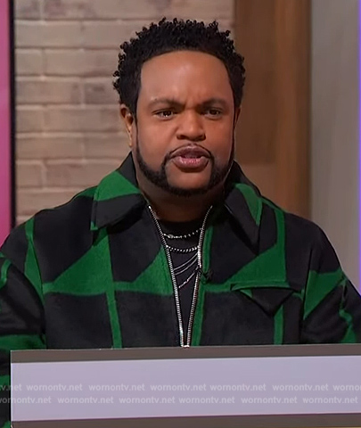 Jawn's green and black print jacket on Sherri