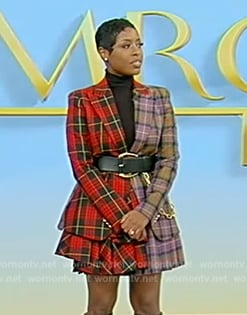 Jenne's mixed plaid blazer and mini skirt on Tamron Hall Show