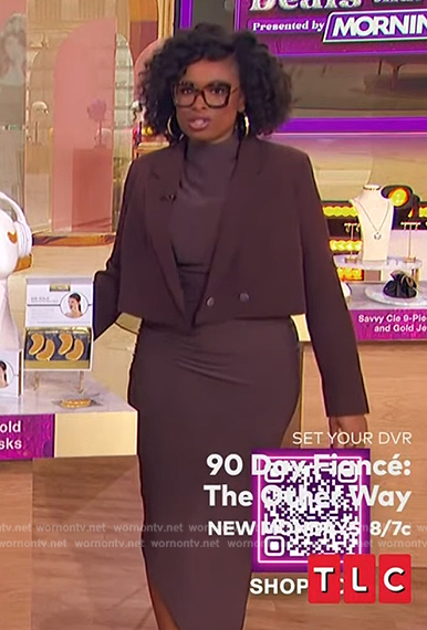 Jennifer's brown asymmetric mesh dress on The Jennifer Hudson Show