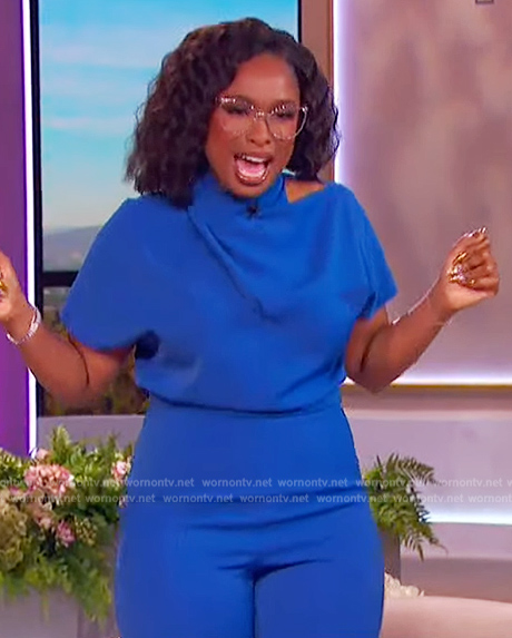 Jennifer's blue cutout cowl neck jumpsuit on The Jennifer Hudson Show