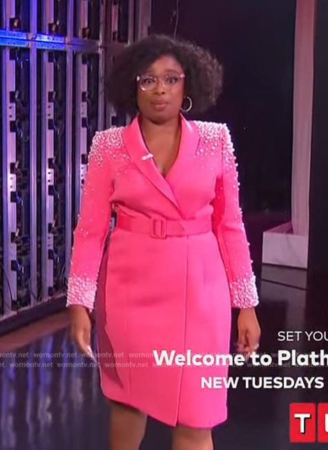 Jennifer's pink velvet pearl embellished dress on The Jennifer Hudson Show