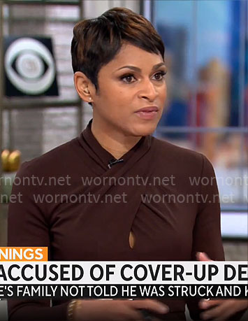 Jericka Duncan's brown crossed neck dress on CBS Mornings