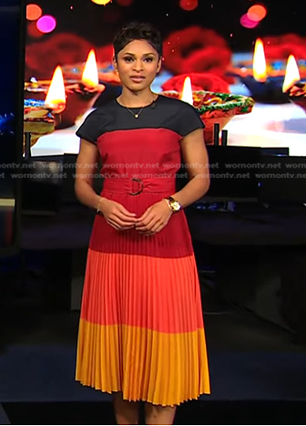 Jericka’s colorblock pleated dress on CBS Evening News
